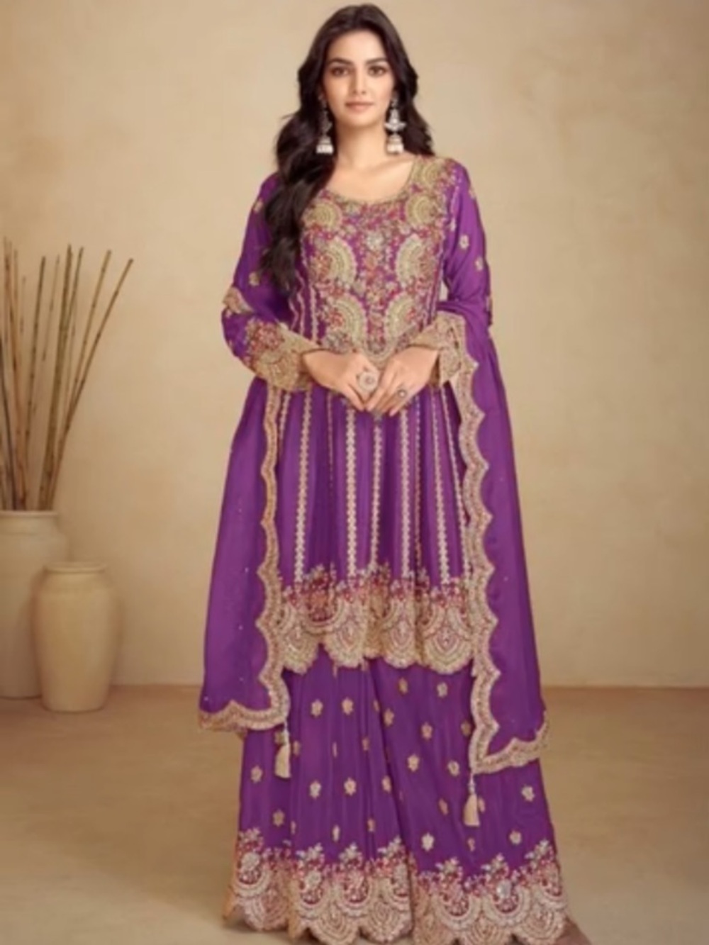 WOMEN’S PURPLE DESI INDIAN WEAR SHARARA ANARKALI PUNJABI SUIT M NEW 3 PIECE SET